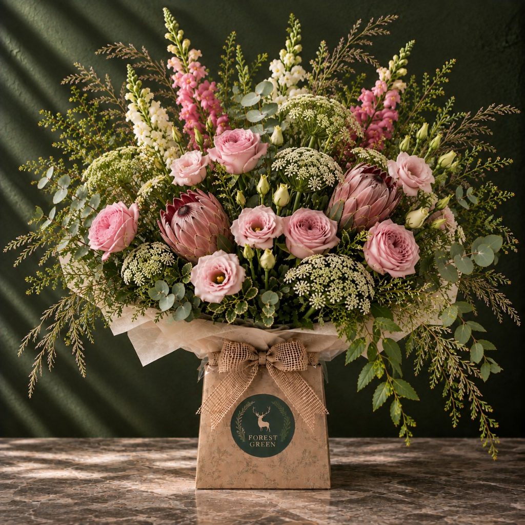 The Cottage Garden pink rose protea and seasonal flower bouquet by Forest Green Flowers Dublin