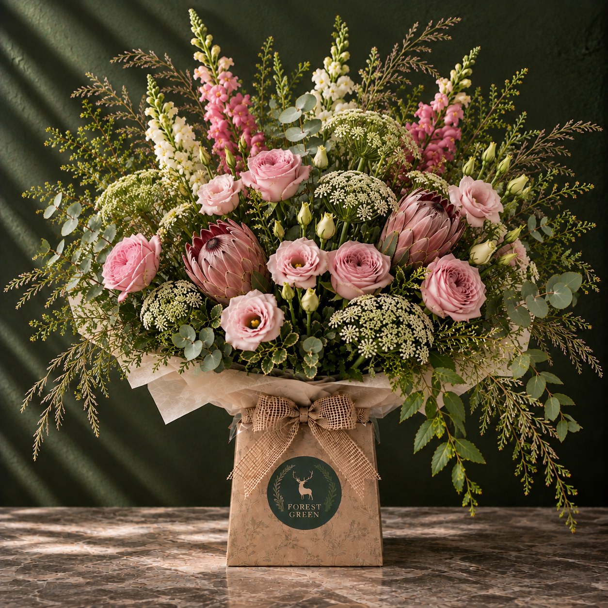 The Cottage Garden pink rose protea and seasonal flower bouquet by Forest Green Flowers Dublin