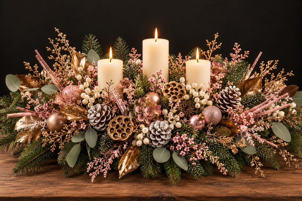 Powerscourt Christmas table centrepiece with three ivory pillar candles, blush pink berries, gold lotus heads, frosted pine cones and evergreen foliage