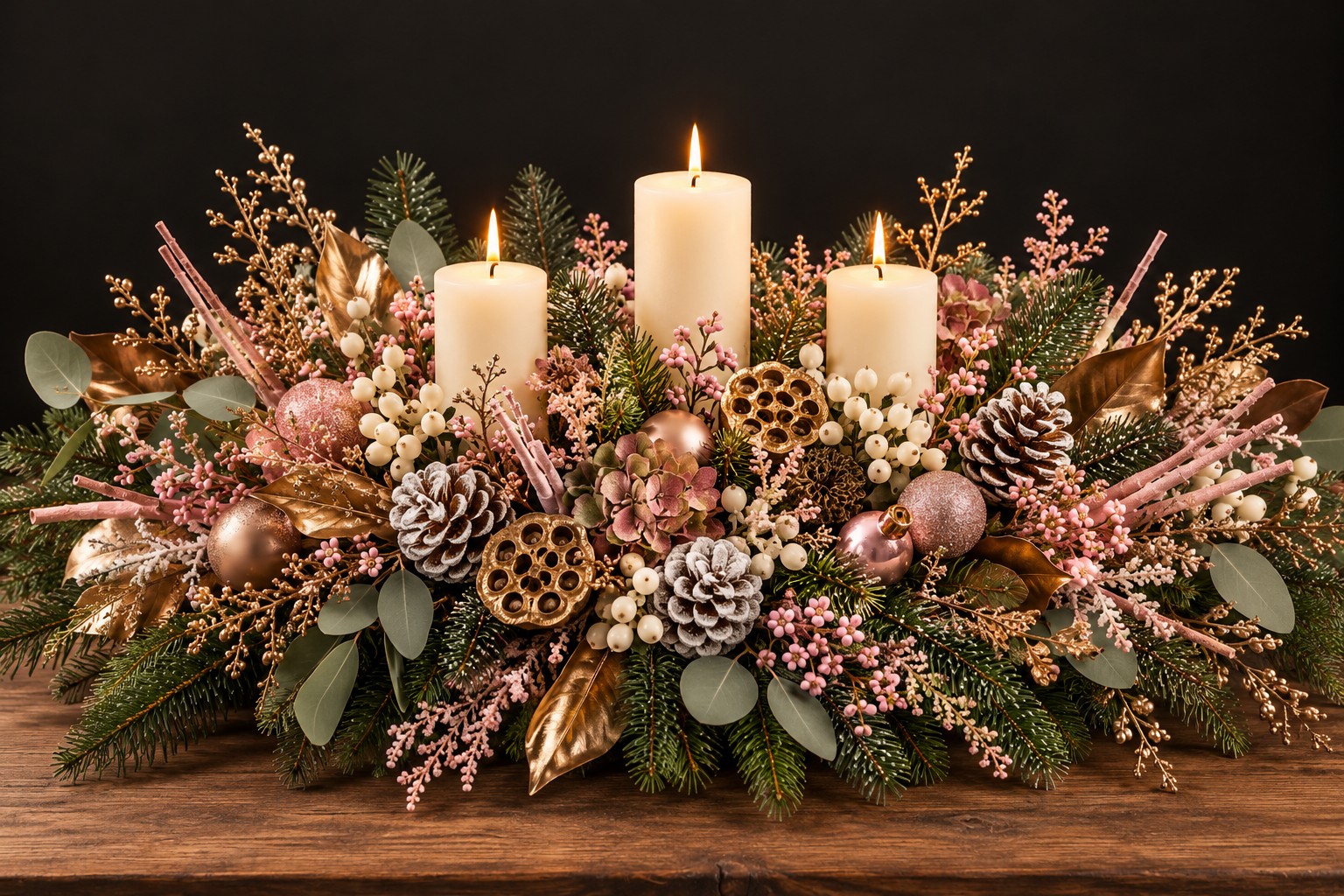 Powerscourt Christmas table centrepiece with three ivory pillar candles, blush pink berries, gold lotus heads, frosted pine cones and evergreen foliage