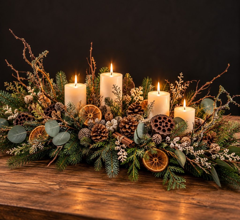 Natural woodland Christmas table centrepiece with four ivory pillar candles, pine cones, dried orange, eucalyptus and evergreen foliage