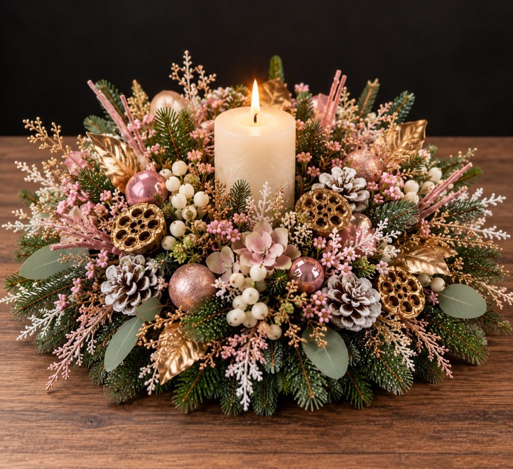 Forest Green Round Blush Gold One Candle Centrepiece Under 2mb